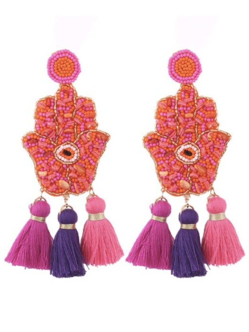 Beaded Hamsa Evil Eye Purple Orange Tassel Boho Sequin Long Drop Earrings